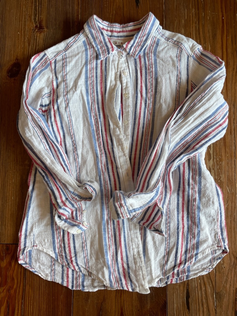 🇺🇸 XiRENA XS Striped Cotton Button-Up in White with Red, Metallic Silver & Blue